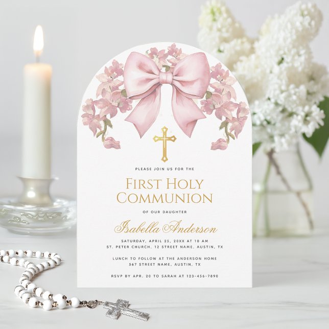 Invitation First Holy Communion Pink Bow Floral Elegant Girl (Créateur téléchargé)