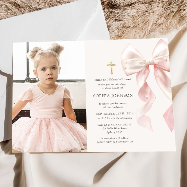 Invitation First Holy Communion Pink Bow Girl Photo (Créateur téléchargé)