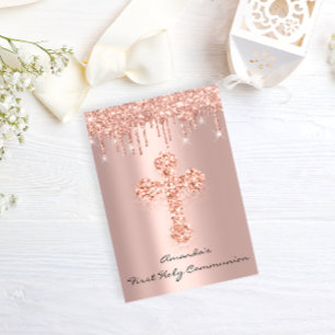 Invitation First Holy Communion Rose Drips Christian Cross