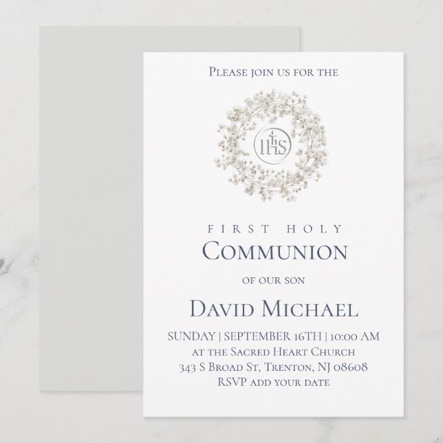 Invitation First Holy Communion white wreath (Devant / Derrière)