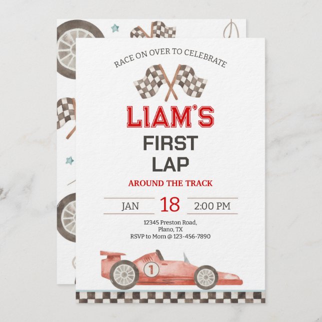 Invitation First Lap Around The Track Race Car 1st Birthday (Devant / Derrière)