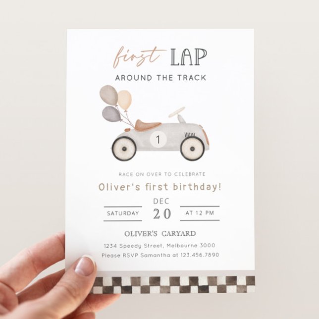 Invitation First Lap Beige Race Car & Balloons 1st Birthday (Créateur téléchargé)