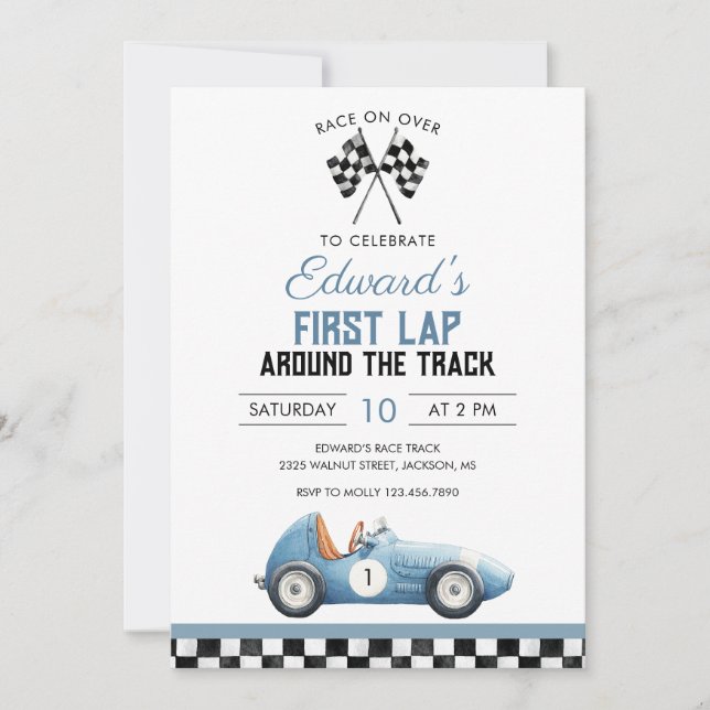 Invitation First Lap Blue Race Car 1st Birthday (Devant)