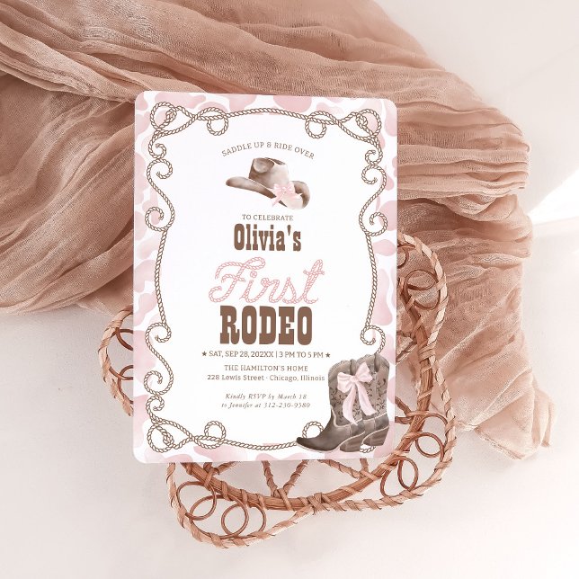 Invitation First Rodeo 1st Birthday Girl Dusty Pink Cow Print (Créateur téléchargé)