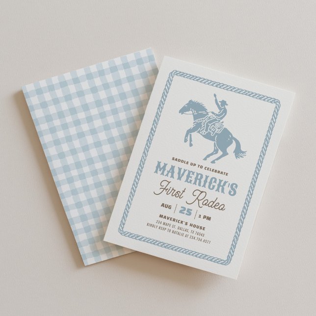 Invitation First Rodeo Boy Blue Gingham 1st Birthday (Créateur téléchargé)