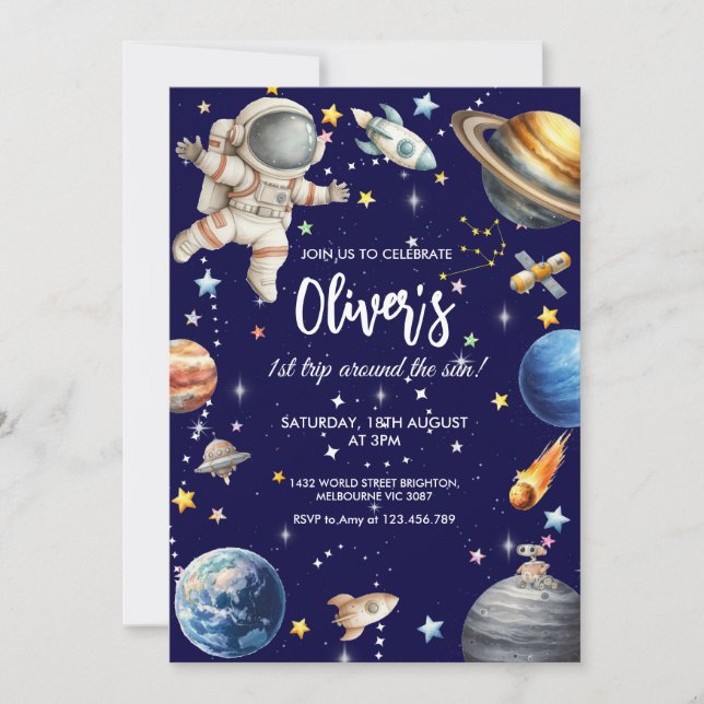 Invitation First Trip Around the Sun Astronaut Birthday  (Devant)