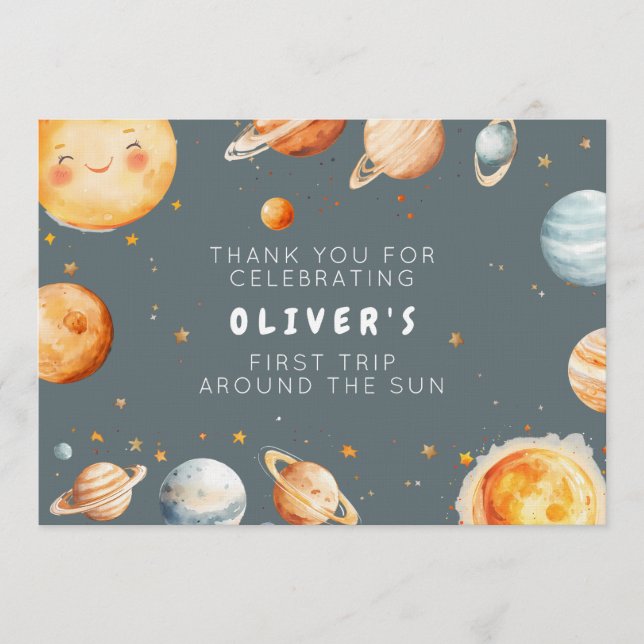 Invitation First Trip Around the Sun Birthday Thank You Card (Devant)