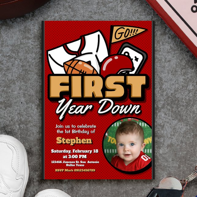 Invitation First Year Down - Football with Photo (First Year Down - Football with Photo Picture Invitation)