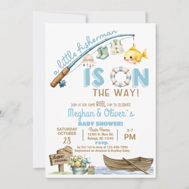 Invitation Fisherman / fishing boy reel fun baby shower. (Devant)