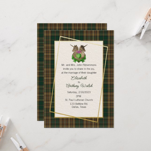 Invitation Fitzsimmons Clan Scottish Symboles Mariage (Devant/Arrière en situation)