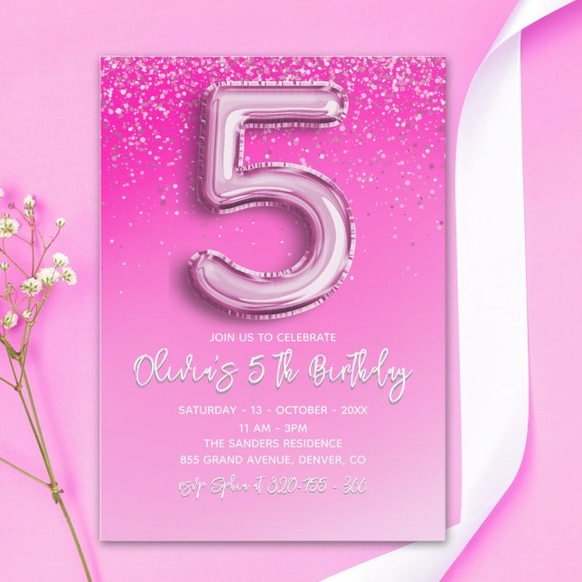 Invitation Five and Fabulous Pink Glitter Birthday Girl (Créateur téléchargé)