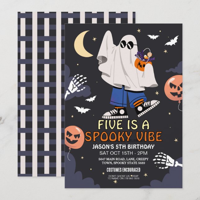 Invitation Five est un costume Vibe Ghosts Bats Halloween (Devant / Derrière)