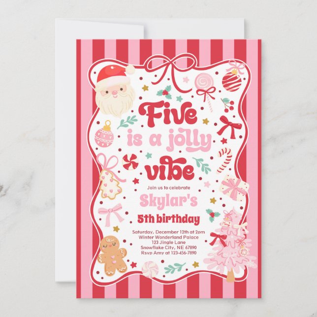 Invitation Five Is A Jolly Vibe Christmas Bow 5th Birthday (Devant)
