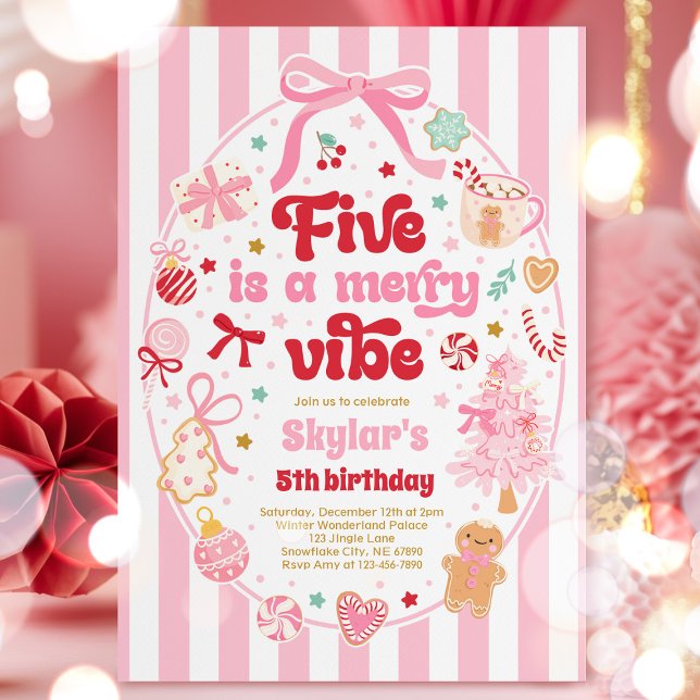 Invitation Five Is A Merry Vibe Christmas Bow 5th Birthday (Créateur téléchargé)