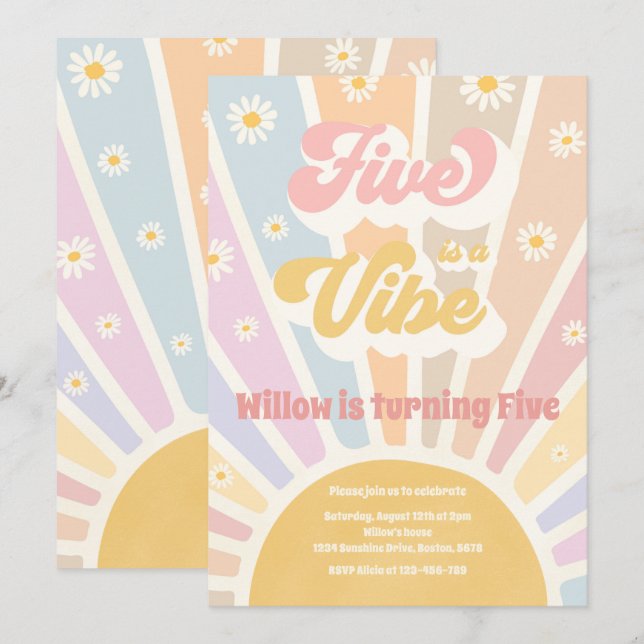 Invitation Five Is A Vibe Boho Sunshine 5e fête d'anniversair (Devant / Derrière)