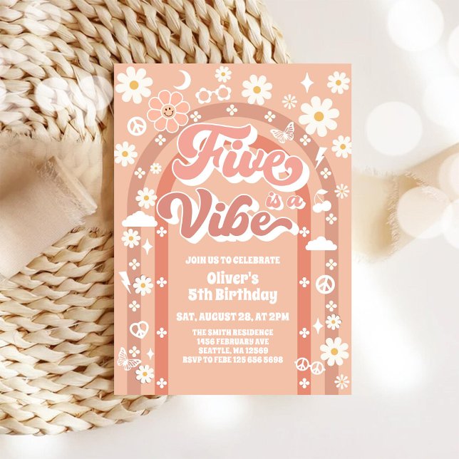 Invitation Five Is A Vibe Groovy Retro 5th Birthday (Créateur téléchargé)