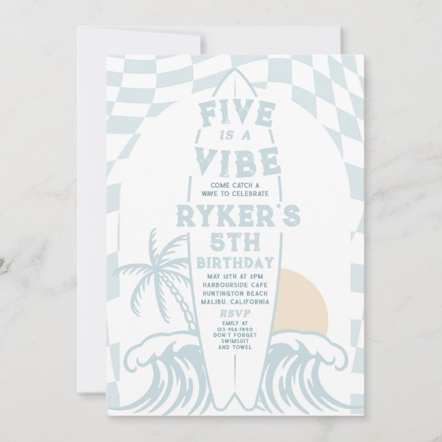 Invitation Five Is A Vibe Modern Surf Surfboard 5e anniversai (Devant)