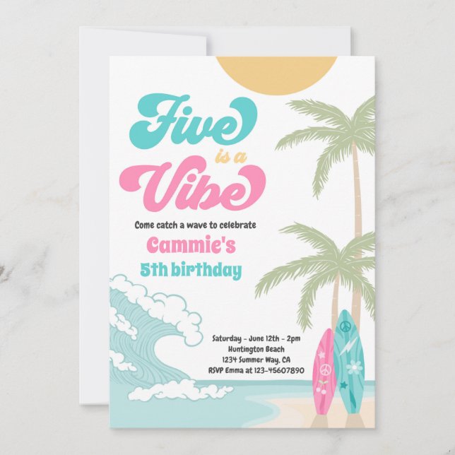 Invitation Five Is A Vibe Retro Surfboard Beach Anniversaire (Devant)