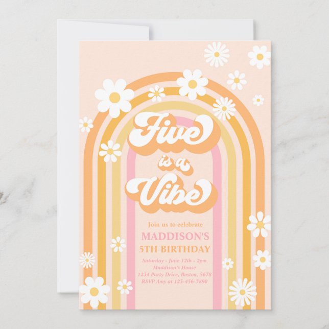 Invitation Five Is A Vibe Super Daisy Rainbow 5Anniversaire (Devant)
