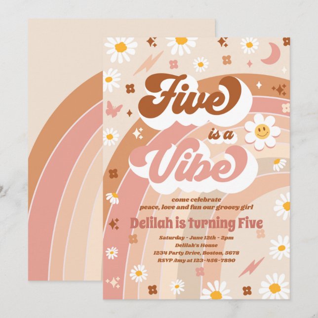 Invitation Five Is A Vibe Super Hippie Rainbow 5Anniversaire (Devant / Derrière)