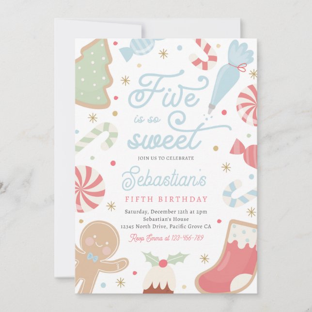 Invitation Five Is So Sweet Christmas Cookie 5e anniversaire (Devant)