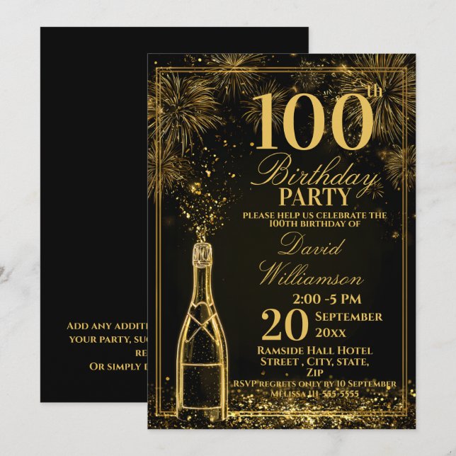 Invitation Fizz de bouteille d'or pour 100e anniversaire élég (Devant / Derrière)