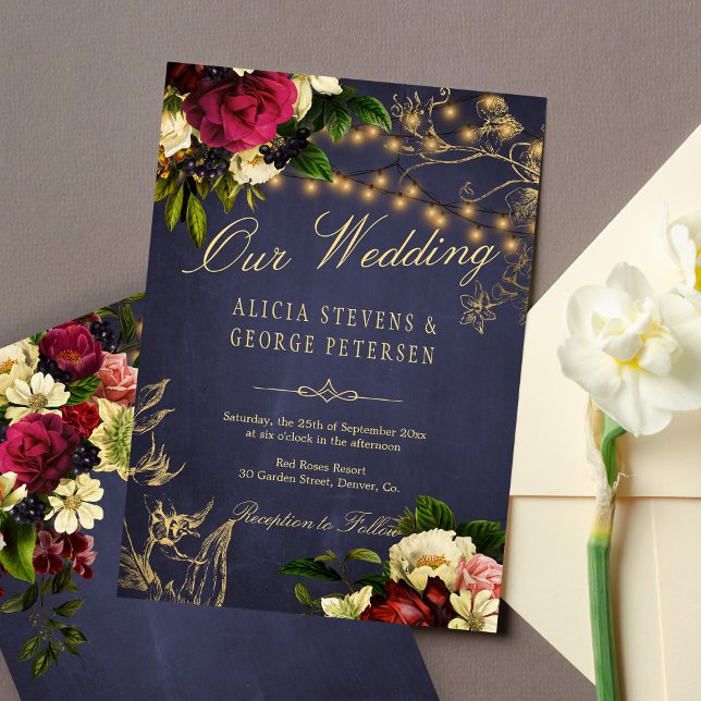 Invitation Flacon floral d'hiver lumières scintillante marine (Créateur téléchargé)