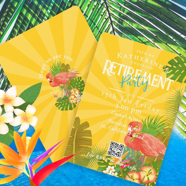 Invitation Flamant Floride Tropical Jaune Retraite (Flamingo Tropical Retirement Party Invitation Card.)