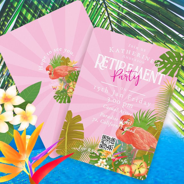 Invitation Flamant Floride Tropical Rose Retraite (Flamingo Tropical Retirement Party Invitation Card.)