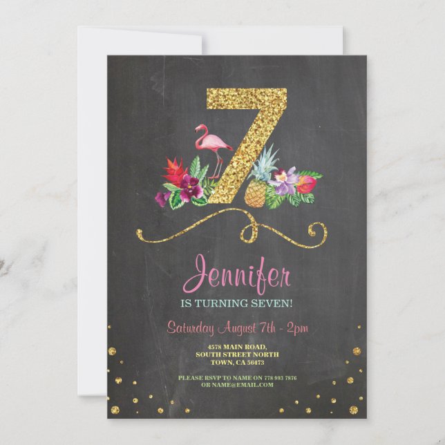 Invitation Flamant rose Aloha 7e anniversaire 7 Party Chalk I (Devant)