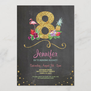 Invitation Flamant rose Aloha 8e anniversaire 8 Party Chalk I