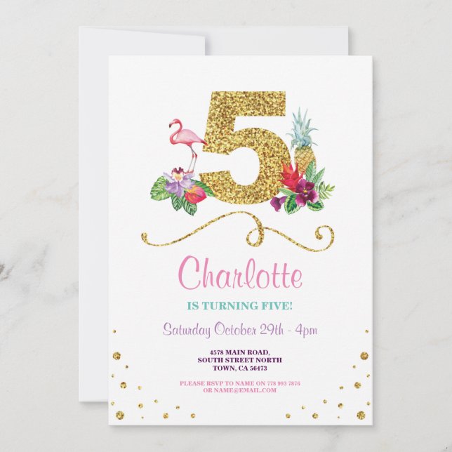 Invitation Flamant rose Aloha Cinquième 5e 5 Anniversaire Inv (Devant)