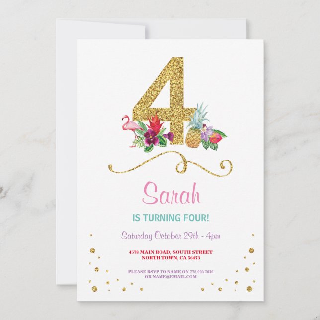 Invitation Flamant rose Aloha Quatrième 4e 4 Anniversaire Inv (Devant)