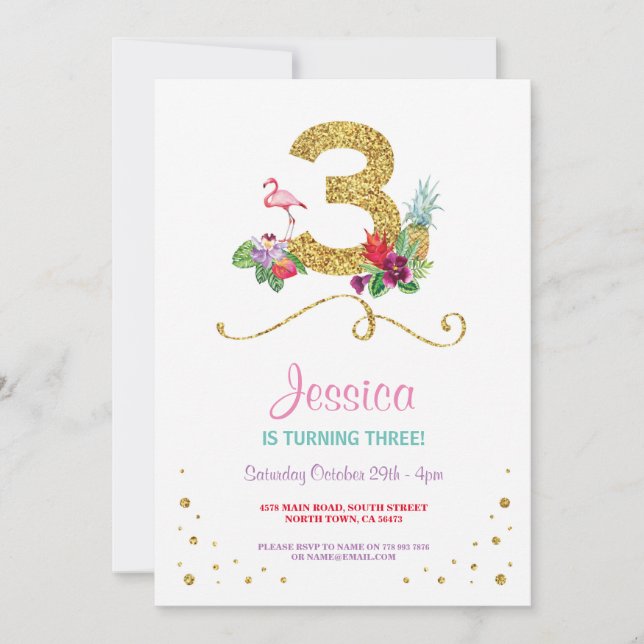 Invitation Flamant rose Aloha Troisième 3ème 3 Anniversaire I (Devant)