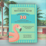 Invitation Flamant rose amusant Flotte Tropical Summer Annive<br><div class="desc">Cette Flamant rose piscine flotte l'invitation d'anniversaire d'été commence à la fête en style! Ce design coloré, aux couleurs vives d'un resort de Floride, est l'entrée parfaite pour une soirée à thème tropical. Il représente un flamant rose corail amusant gonflable sur fond de rayures bleu marine et vert mer. La...</div>