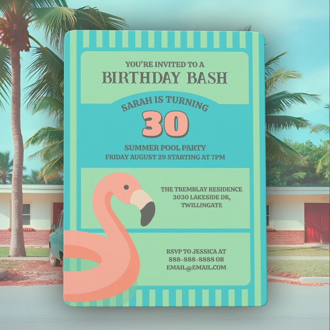 Invitation Flamant rose amusant Flotte Tropical Summer Annive (Flamingo pool float Summer birthday invitation in retro Palm Springs colors for a tropical party.)