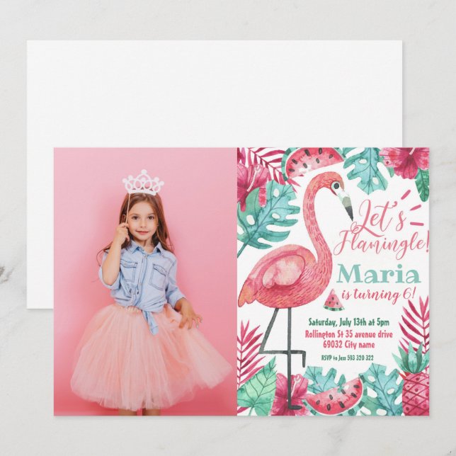 Invitation Flamant rose Anniversaire Flamant rose photo  (Devant / Derrière)