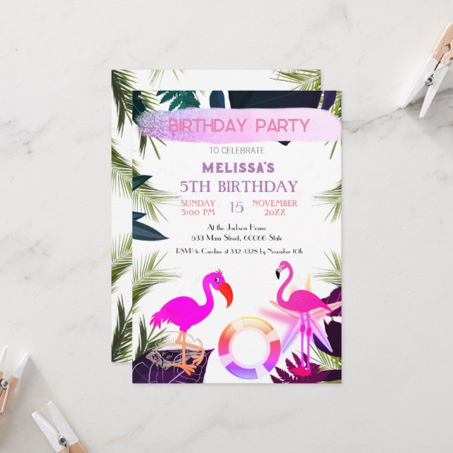 Invitation Flamant rose Anniversaire Invitation, mignonne Inv (Devant/Arrière en situation)