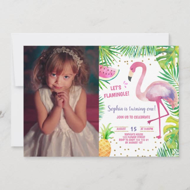Invitation Flamant rose Anniversaire Pool Party Tropical Girl (Devant)