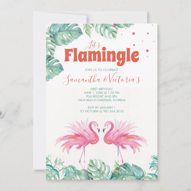 Invitation Flamant rose aquarelle Jumeaux Anniversaire (Devant)
