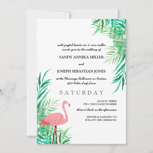 Invitation Flamant rose aquarelle & Palm Feuilles Mariage tro (Devant)
