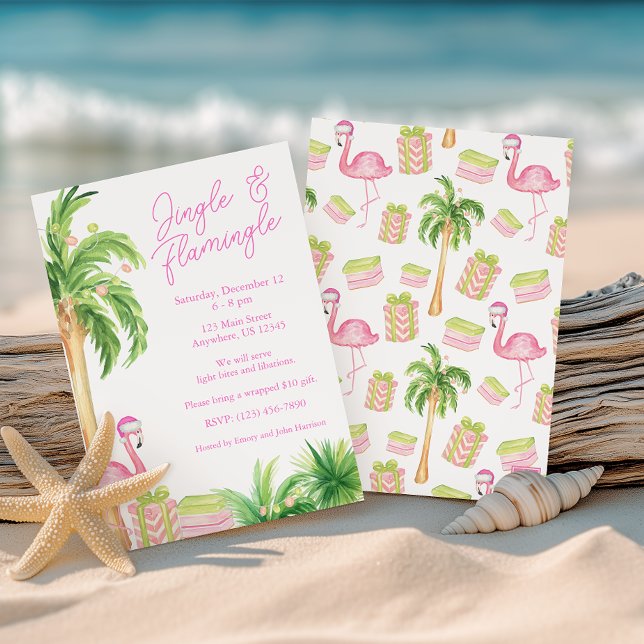 Invitation Flamant rose aquarelle plage photo de Noël (Créateur téléchargé)