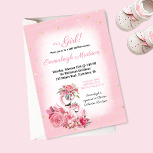 Invitation Flamant rose Aquarelle rose Baby shower Ballerina