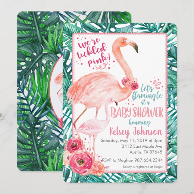 Invitation Flamant rose Baby shower (Devant / Derrière)