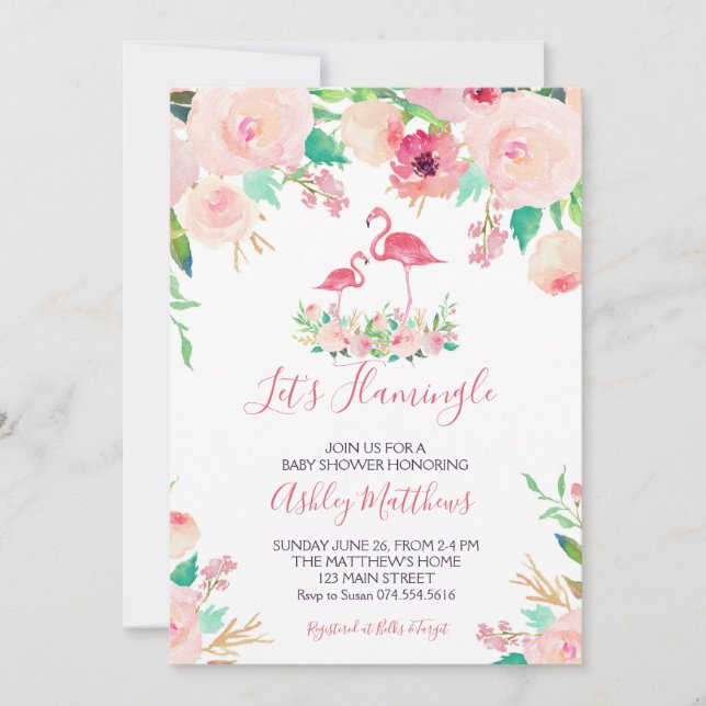 Invitation Flamant rose Baby shower Invitation, douche Flaman (Devant)