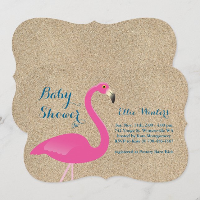 Invitation Flamant rose Baby shower - Sable de pla (Devant / Derrière)