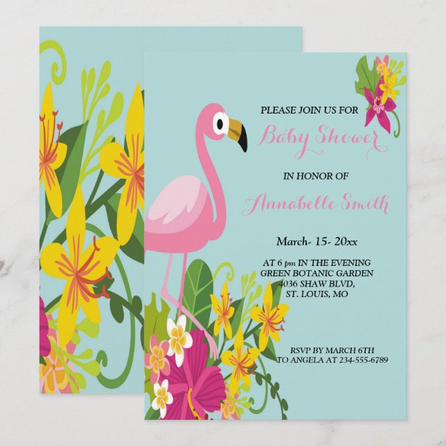 Invitation Flamant rose baby shower tropical (Devant / Derrière)