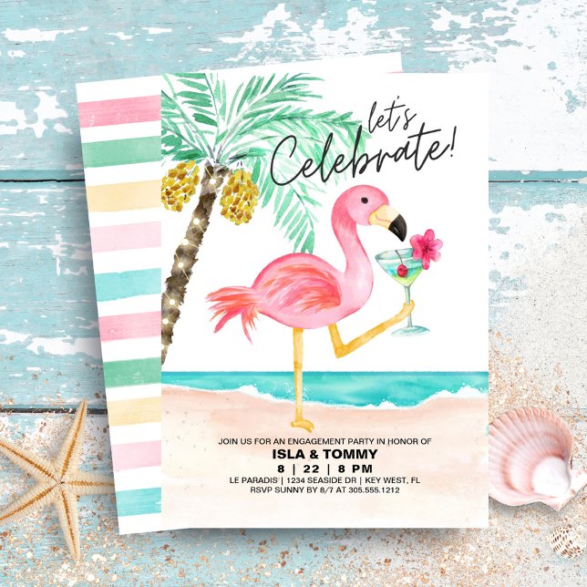 Invitation Flamant rose Beach Tropical Engagement Party (Créateur téléchargé)
