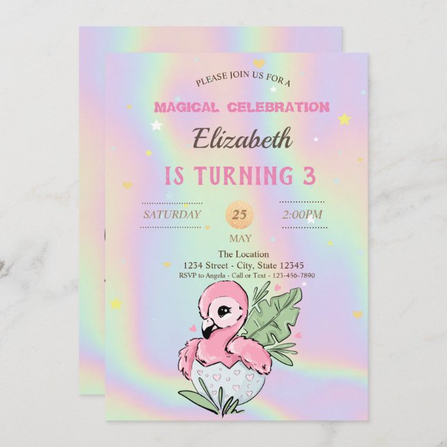 Invitation Flamant rose bébé, Anniversaire holographique (Devant / Derrière)