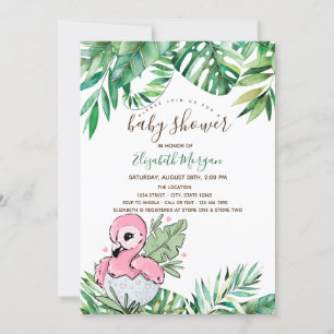 Invitation Flamant rose bébé Baby shower Feuille tropical